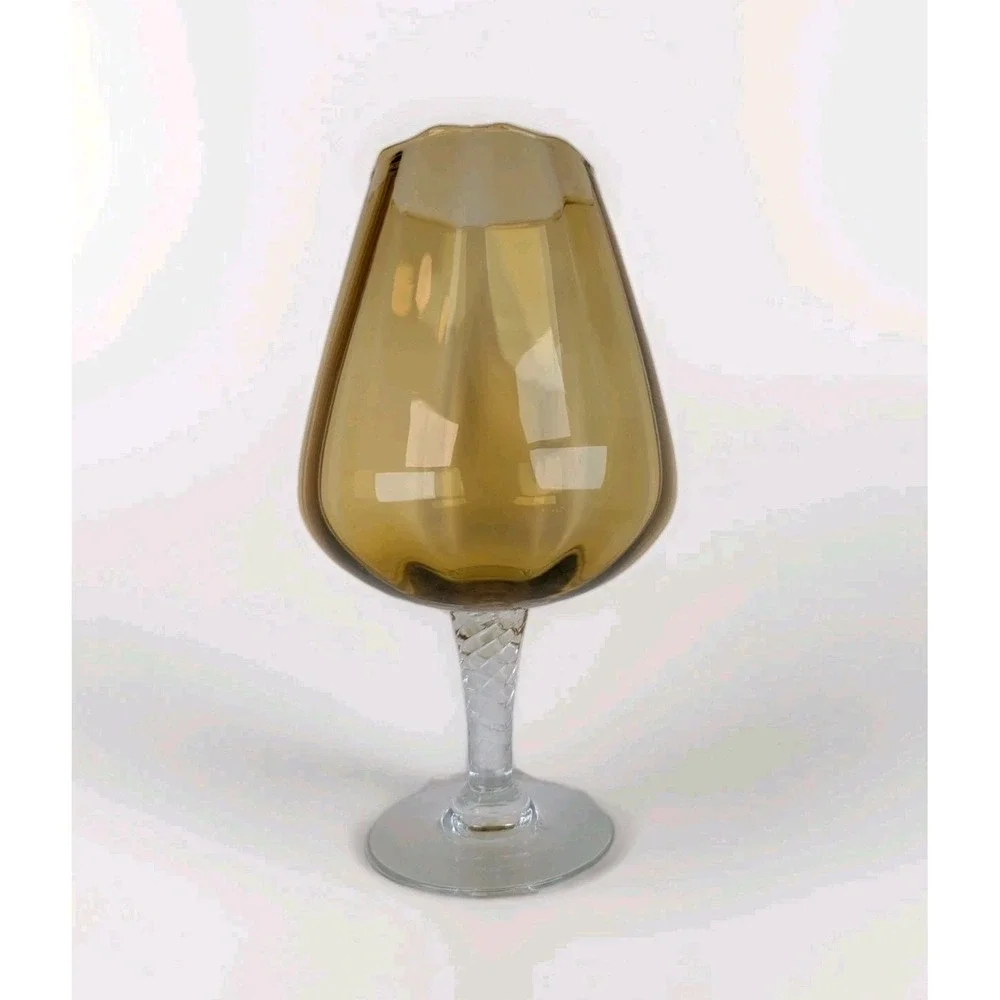 Empoli Glass Amber Spot Optic Glass Footed Large Brandy Snifter Twisted Stem Vng